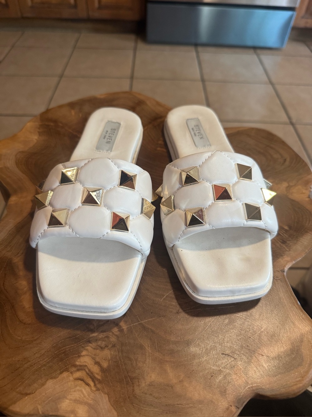 Steven  White Quilted Slide Sandals with Gold Studs